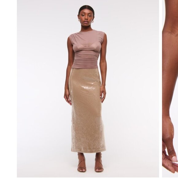 Abercrombie Champagne Tan Sequin Maxi Skirt NWT Rare Euro Exclusive Boho Luxe SP - Picture 3 of 15